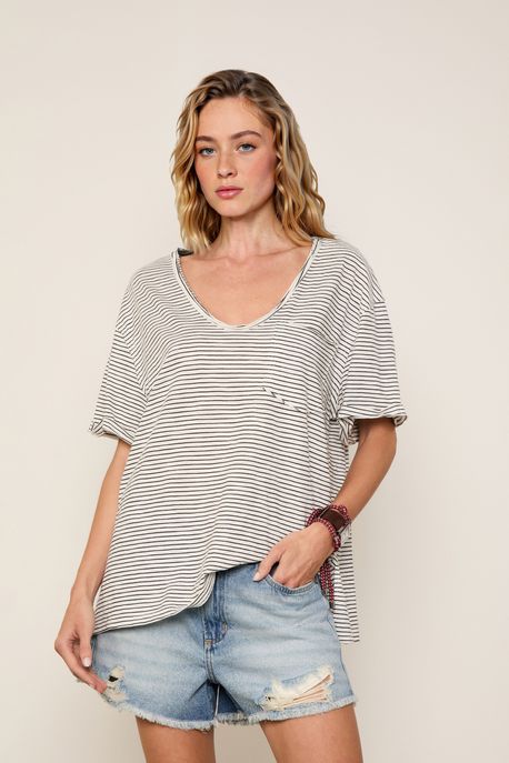 Camiseta De Malha Com Bolso Listrada Listrado Preto - G