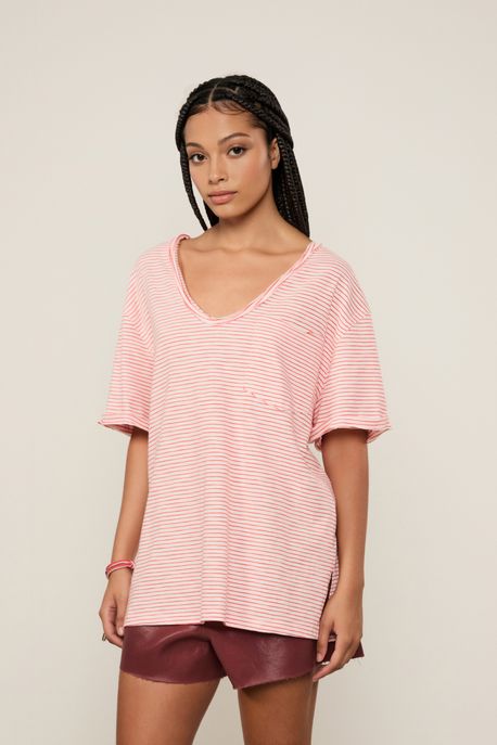 Camiseta De Malha Com Bolso Listrada Listrado Coral Art - M