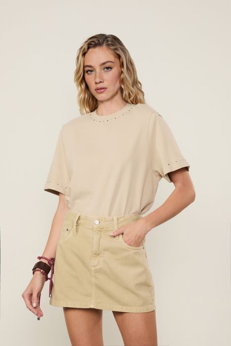 T-Shirt Malha Brilho Gola Verde Pale - M