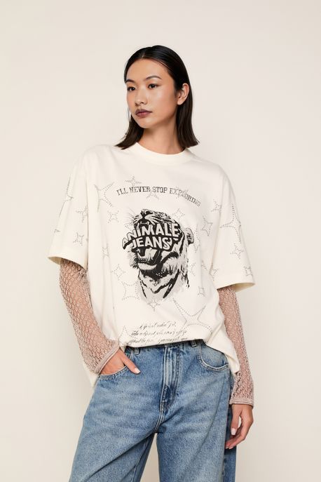 T-Shirt Malha Tigre Brilhod Over Off White - G