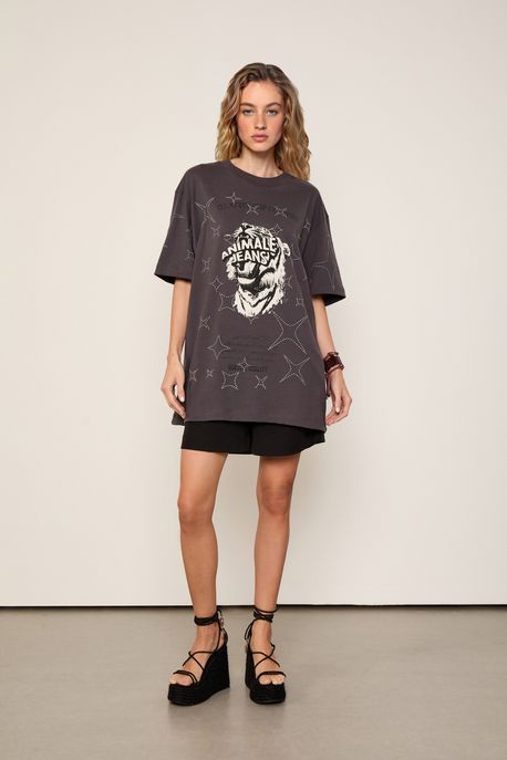 T-Shirt Malha Tigre Brilhod Over Preto - P