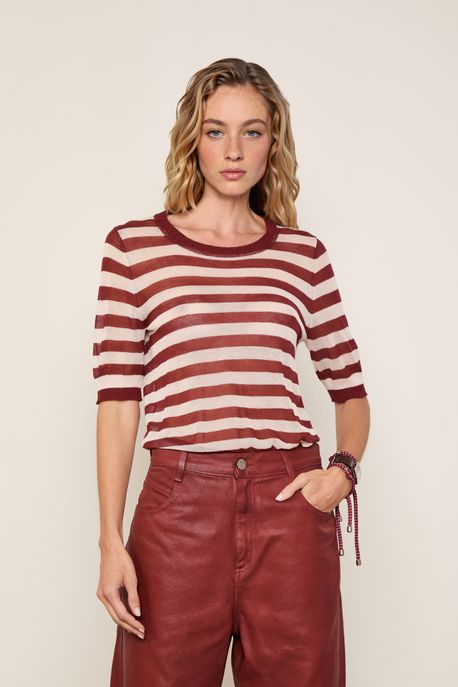 Regata De Tricot Com Linho Listrada Listrado - M