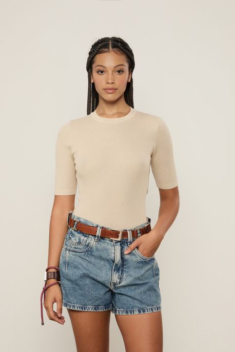 Blusa De Tricot Com Lurex Manga Curta Cinza Medio - P