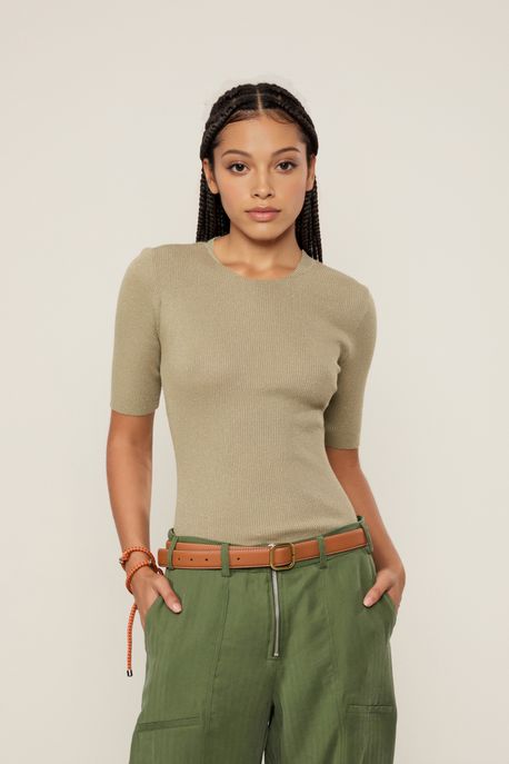 Blusa De Tricot Com Lurex Manga Curta Cinza Spray - M