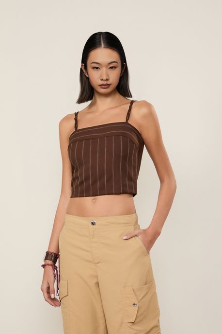 Top De Viscose Cropped Com Alcas Em No Marrom Mink - M