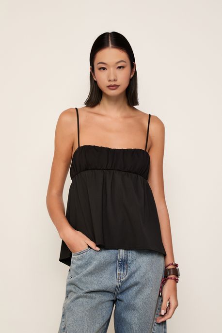 Blusa De Crepe Franzida Cropped Preto - M