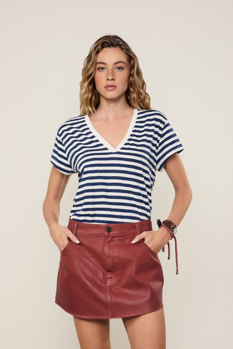 Blusa De Malha Listrada Decote v Azul Navy - P