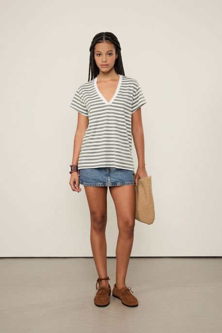 Blusa De Malha Listrada Decote v Cinza Spray - P