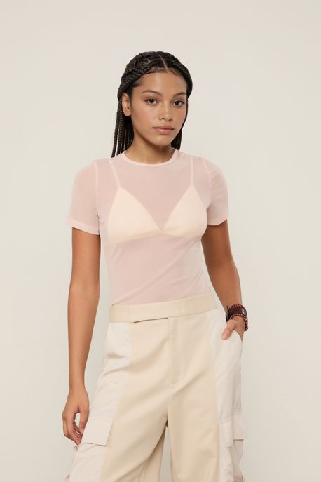 Blusa De Tule Manga Curta Com Brilho Rosa Manha - PP