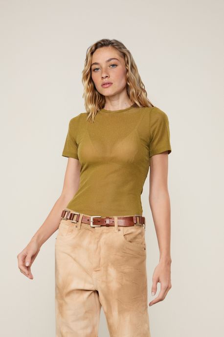 Blusa De Tule Manga Curta Com Brilho Verde Calor - PP