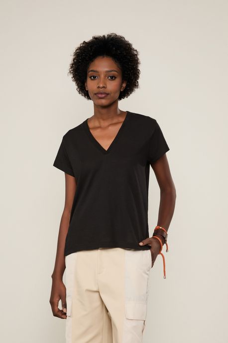 Blusa De Malha Basica Decote v Preto - M