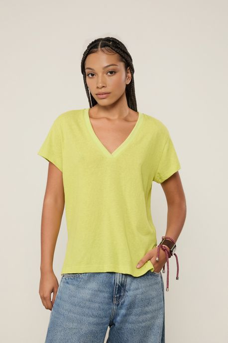 Blusa De Malha Basica Decote v Verde Prim - PP