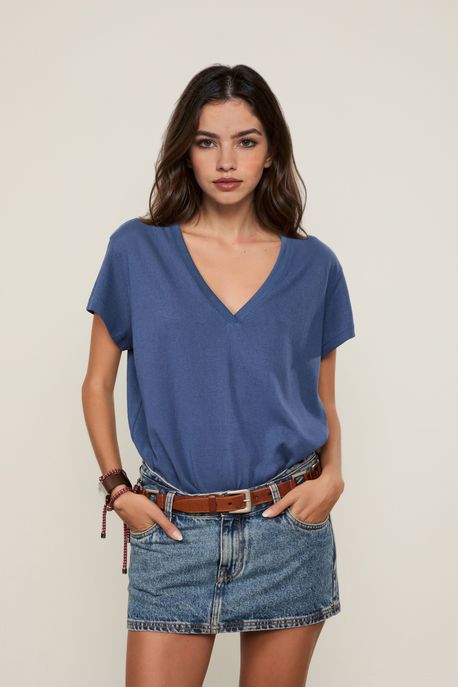 Blusa De Malha Basica Decote v Azul Navy - P