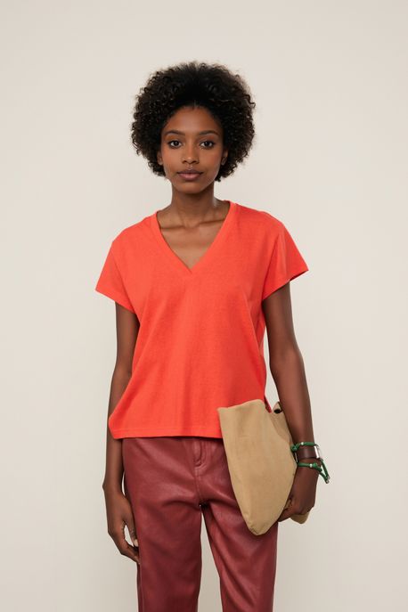 Blusa De Malha Basica Decote v Coral Art - P