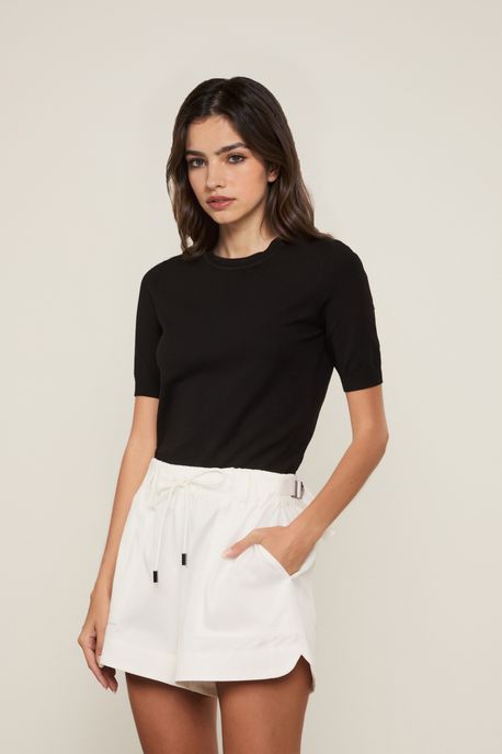 Blusa De Tricot Decote Redondo Preto - M