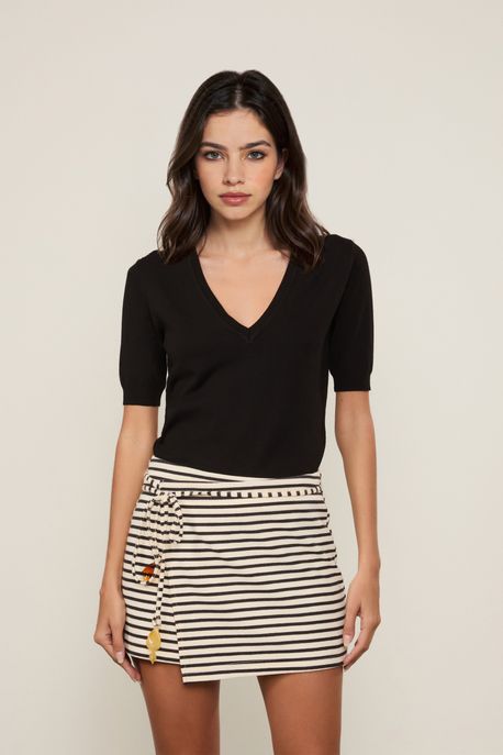 Blusa De Tricot Decote Redondo Preto - P