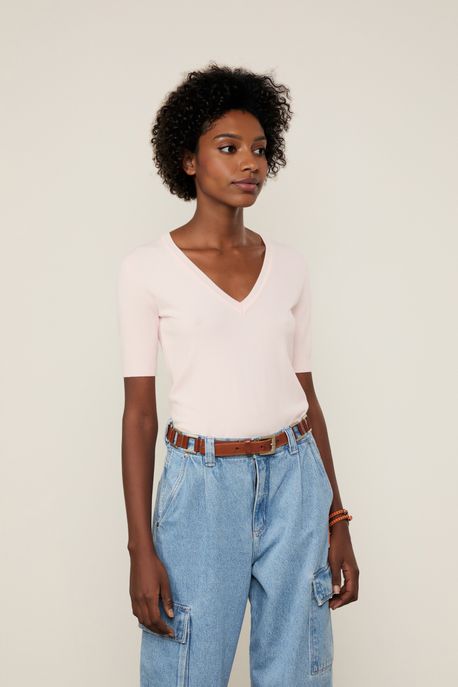Blusa De Tricot Decote Redondo Rosa Manha - P