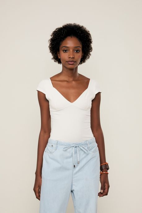 Blusa Malha Justa Decote v Rosa Manha - P