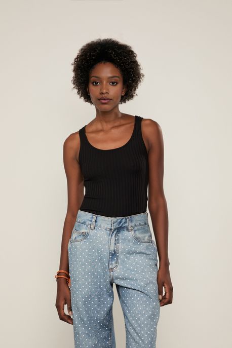 Regata De Tricot Cropped Canelada Preto - G