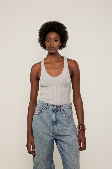 Regata De Tricot Decote v Cinza Mescla - M