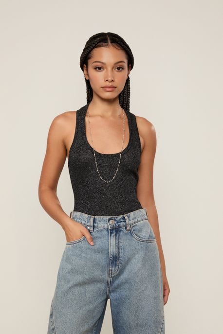 Regata De Tricot Com Lurex Nadador Preto - G