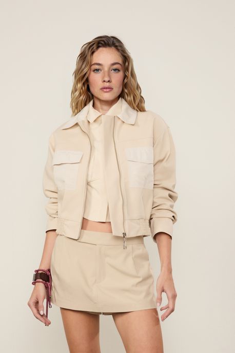 Jaqueta Bomber Mix Tecidos Bege Creme - PP