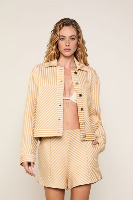 Jaqueta Linho Stripes Marrom Palha - M