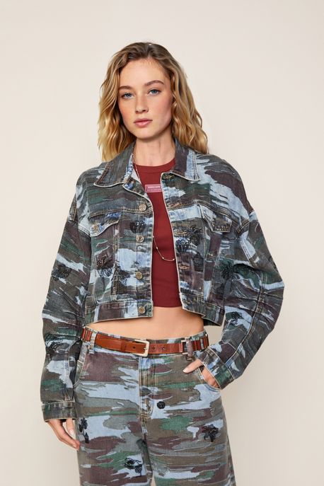 Jaqueta Jeans Cropped Estampa Camuflado Jeans Medio - M