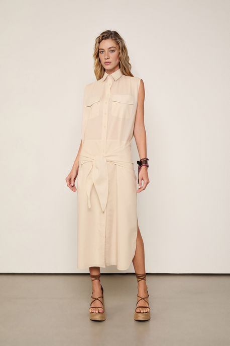 Vestido De Voil Midi Com Amarração Cinza Medio - M