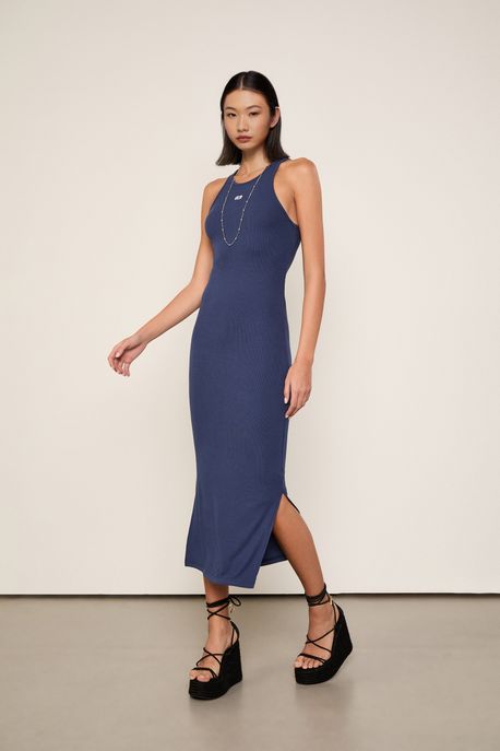 Vestido De Malha Midi Com Franzidos Azul Navy - G