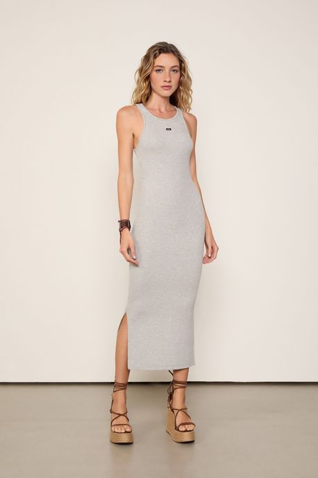 Vestido De Malha Midi Com Franzidos Cinza Mescla - P
