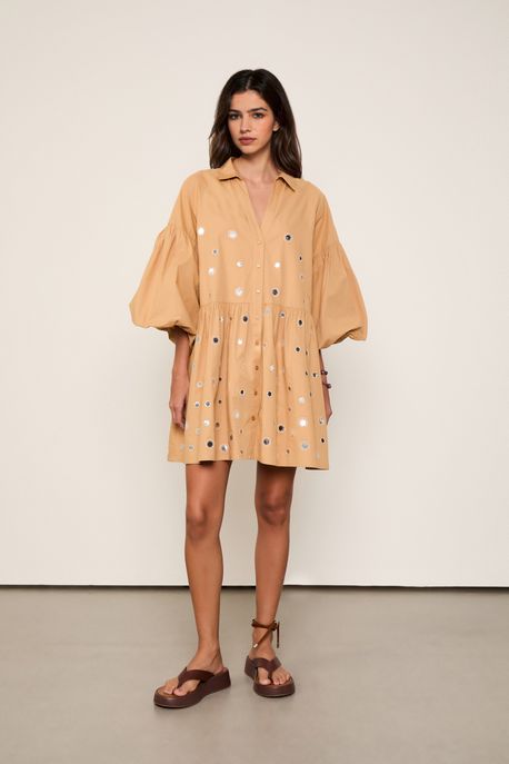 Vestido De Tricoline Bordado Marrom Palha - G