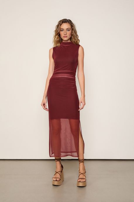 Vestido De Tule Miidi Franzidos Marrom Taipas - GG