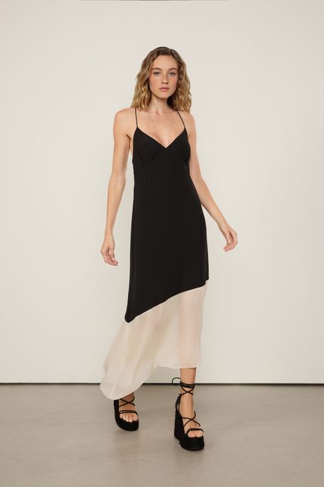 Vestido Midi Mix Tecidos Preto - PP