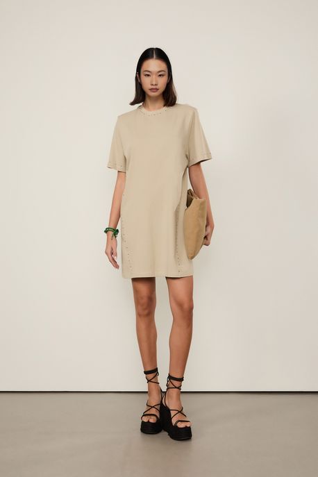 T-Shirt Dress Malha Brilho Gola Verde Pale - M