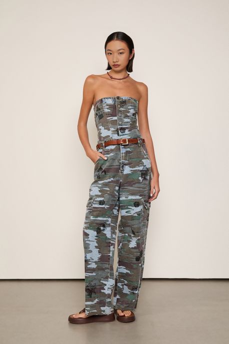 Macacão Jeans Longo Decoete Reto Estampa Jeans Medio - M