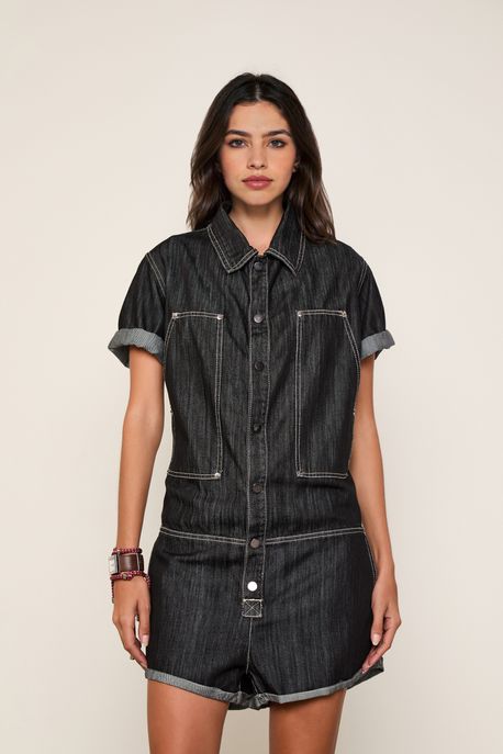 Macacão Jeans Curto Mc Bolsos Frontais Jeans Black Medio - P