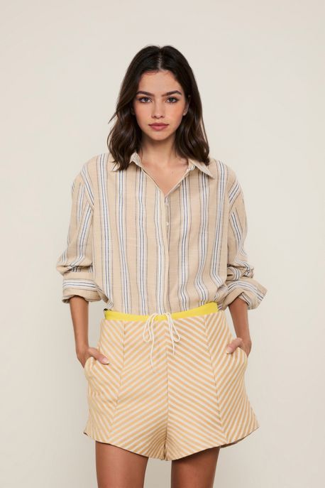 Shorts Cintura Alta Stripes Chevron Marrom Palha - G