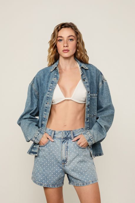 Bermuda Jeans Basic Com Aplicacao Jeans Claro - 42