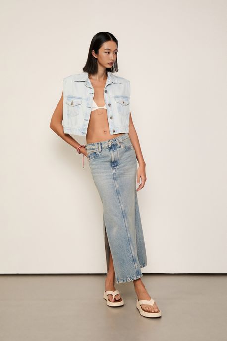 Saia Jeans Longa Fenda Lateral Jeans Medio - 40