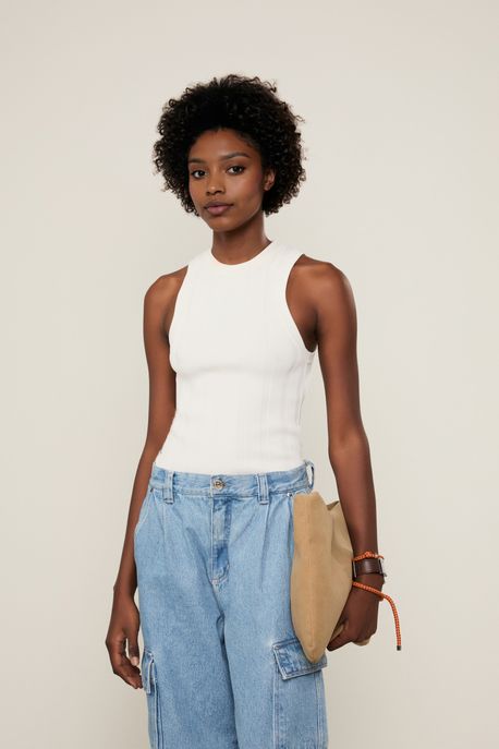 Regata De Tricot Cropped Rib Larga Off White - P