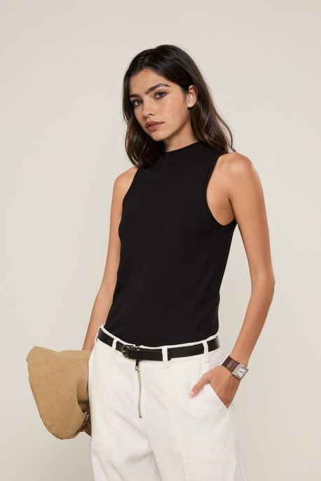 Regata De Tricot Cropped Rib Larga Preto - PP