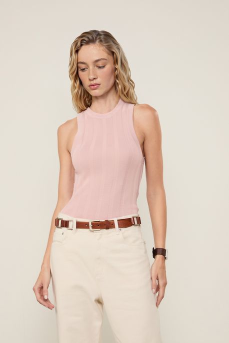 Regata De Tricot Cropped Rib Larga Rosa Zephyr - M