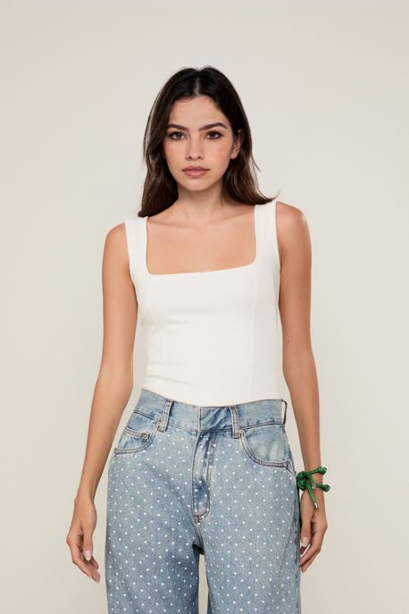 Regata Malha Decote Quadrado Off White - M