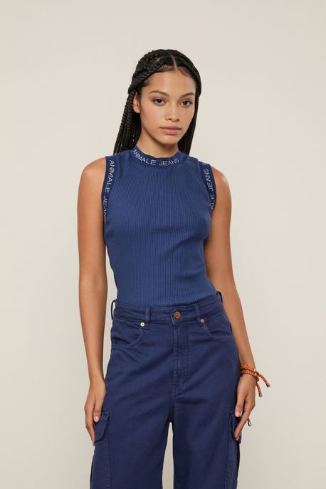 Regata Malha Animale Jeans Azul Navy - M
