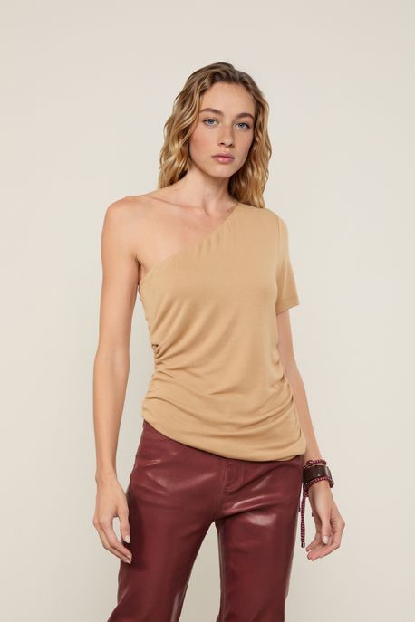 Regata Um Ombro So Franzidos Marrom Palha - GG