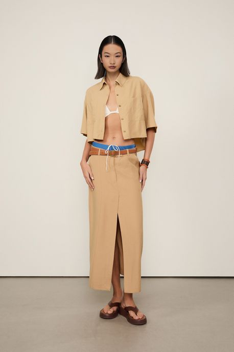 Saia Longa Alfaiataria Passantes Duplos Marrom Plha - P