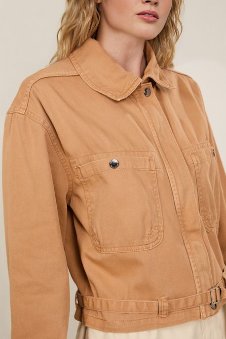 Jaqueta Sarja Com Cinto Stoned Marrom Palha - M