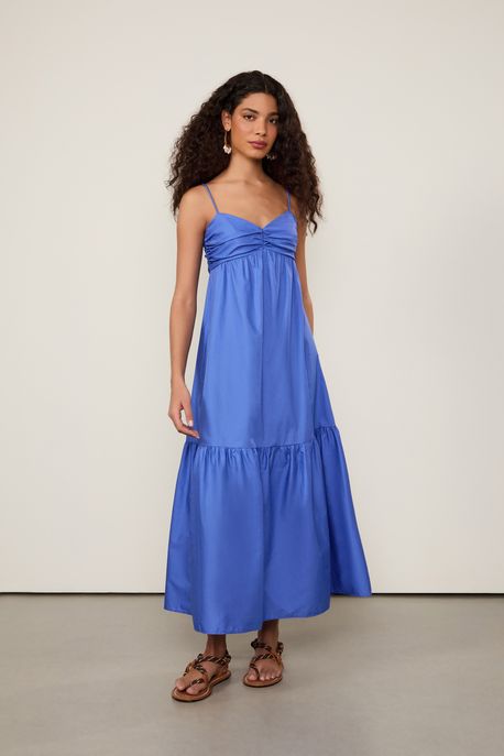 Vestido De Algodão Longo Azul Busto Franzido Azul Cannes - 42