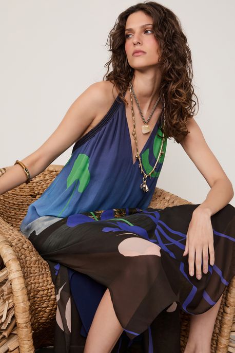 Vestido De Georgette Leve Longo Frente Única Estampado Est Loc Foto Paisagem Color - 44